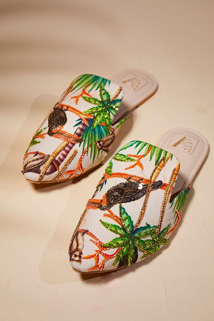 Beige Canvas Tropical Printed Handcrafted Mule Flats by House of Vian at Pernia's Pop Up Shop