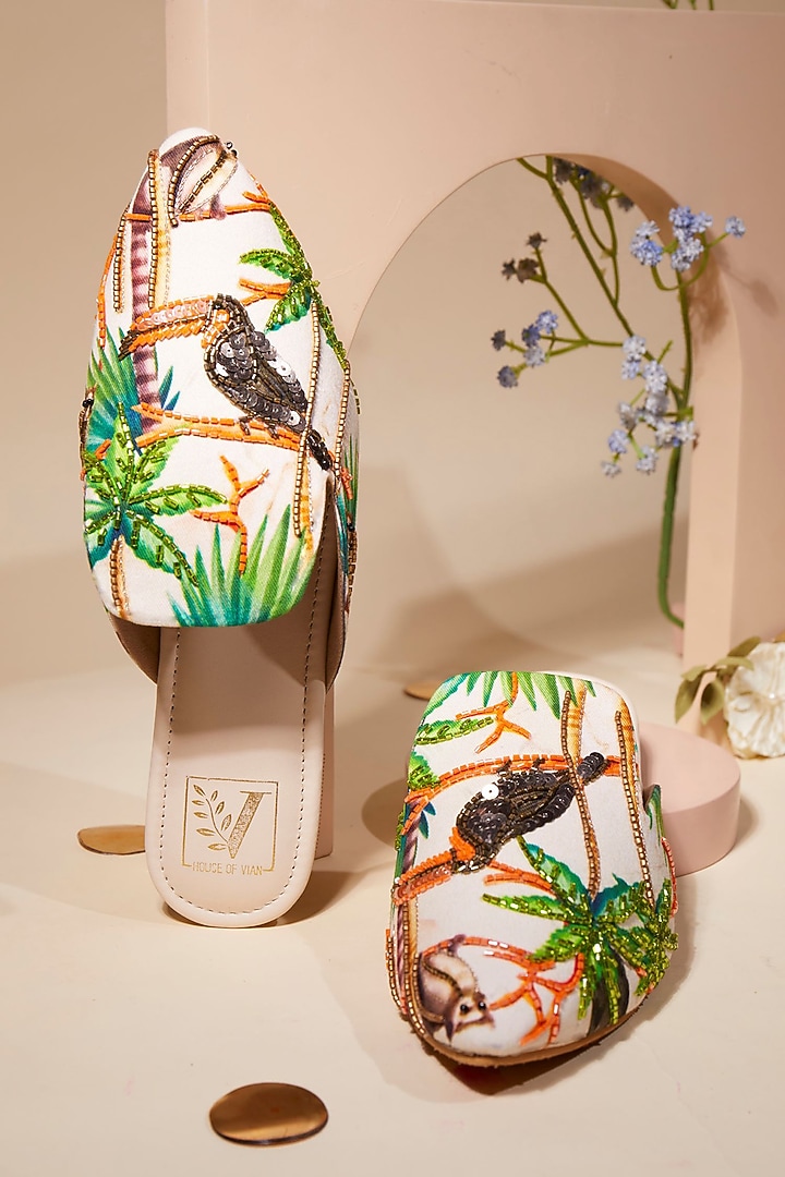 Beige Canvas Tropical Printed Handcrafted Mule Flats by House of Vian at Pernia's Pop Up Shop