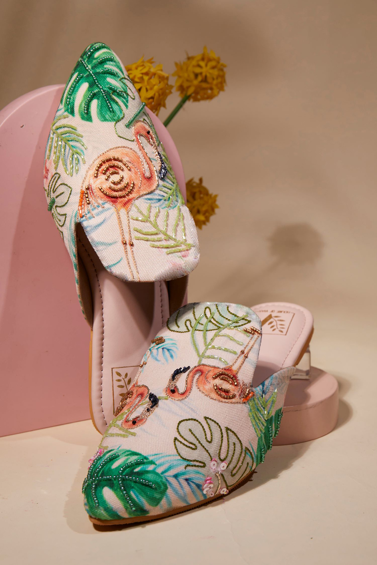Pink Canvas Printed & Bead Work Handcrafted Mule Flats by House of Vian at Pernia's Pop Up Shop