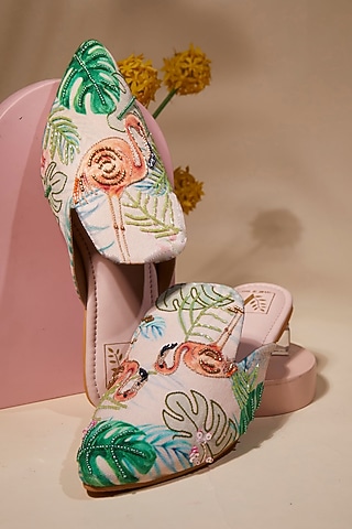 Pink Canvas Printed & Bead Work Handcrafted Mule Flats by House of Vian