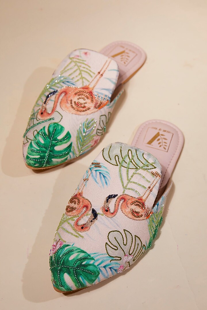 Pink Canvas Printed & Bead Work Handcrafted Mule Flats by House of Vian at Pernia's Pop Up Shop