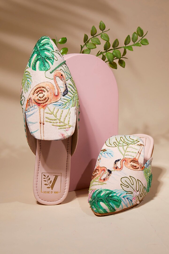 Pink Canvas Printed & Bead Work Handcrafted Mule Flats by House of Vian at Pernia's Pop Up Shop
