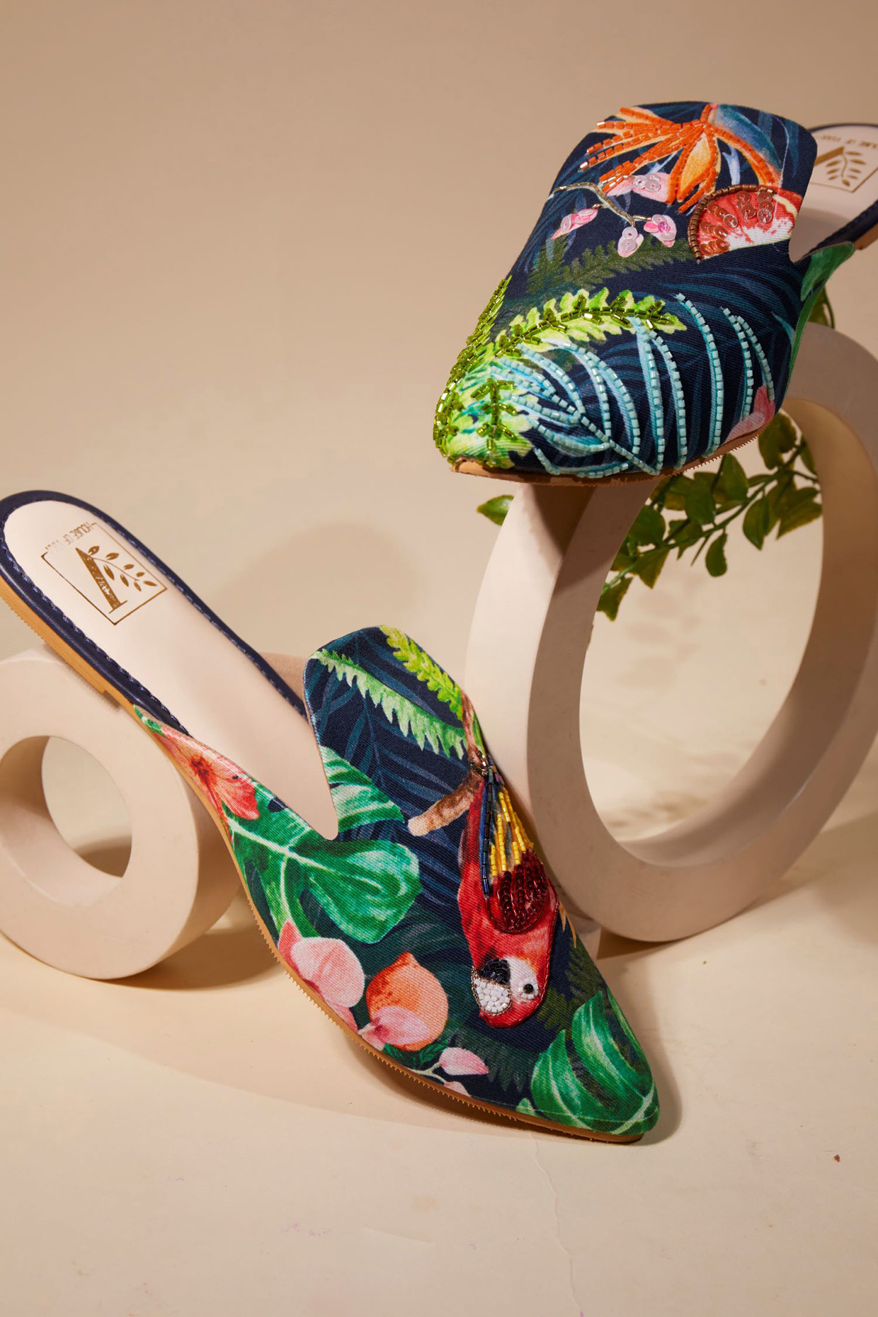 Green Canvas Printed & Bead Work Handcrafted Mule Flats by House of Vian at Pernia's Pop Up Shop