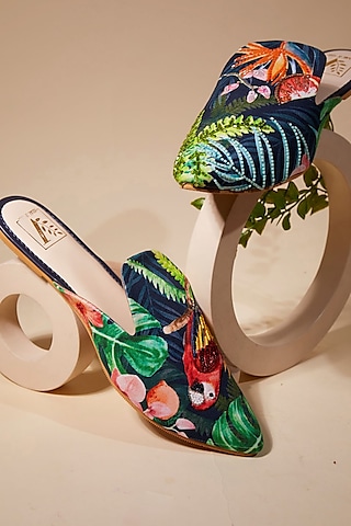 Green Canvas Printed & Bead Work Handcrafted Mule Flats by House of Vian