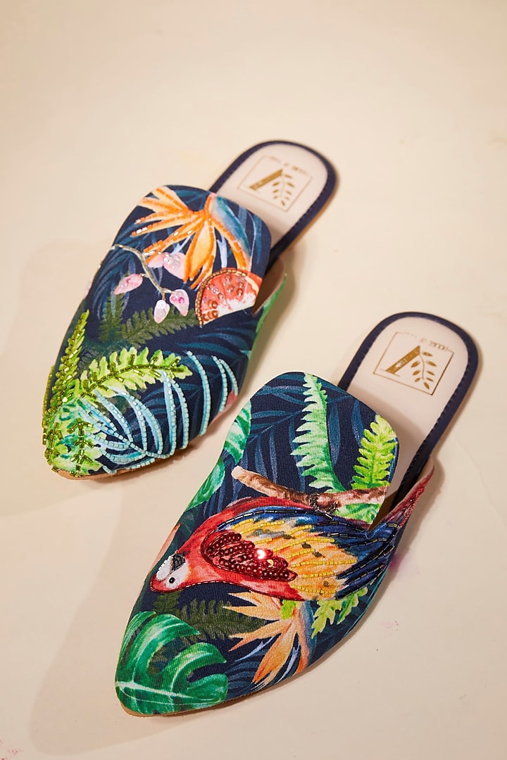 Green Canvas Printed & Bead Work Handcrafted Mule Flats by House of Vian at Pernia's Pop Up Shop