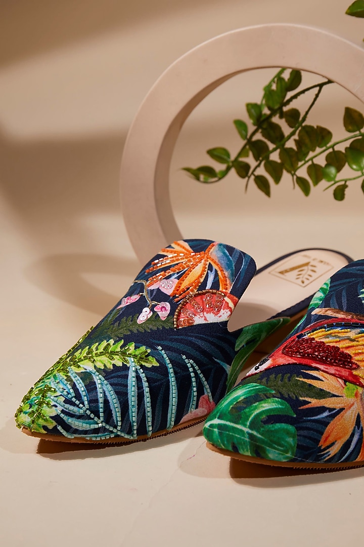 Green Canvas Printed & Bead Work Handcrafted Mule Flats by House of Vian at Pernia's Pop Up Shop