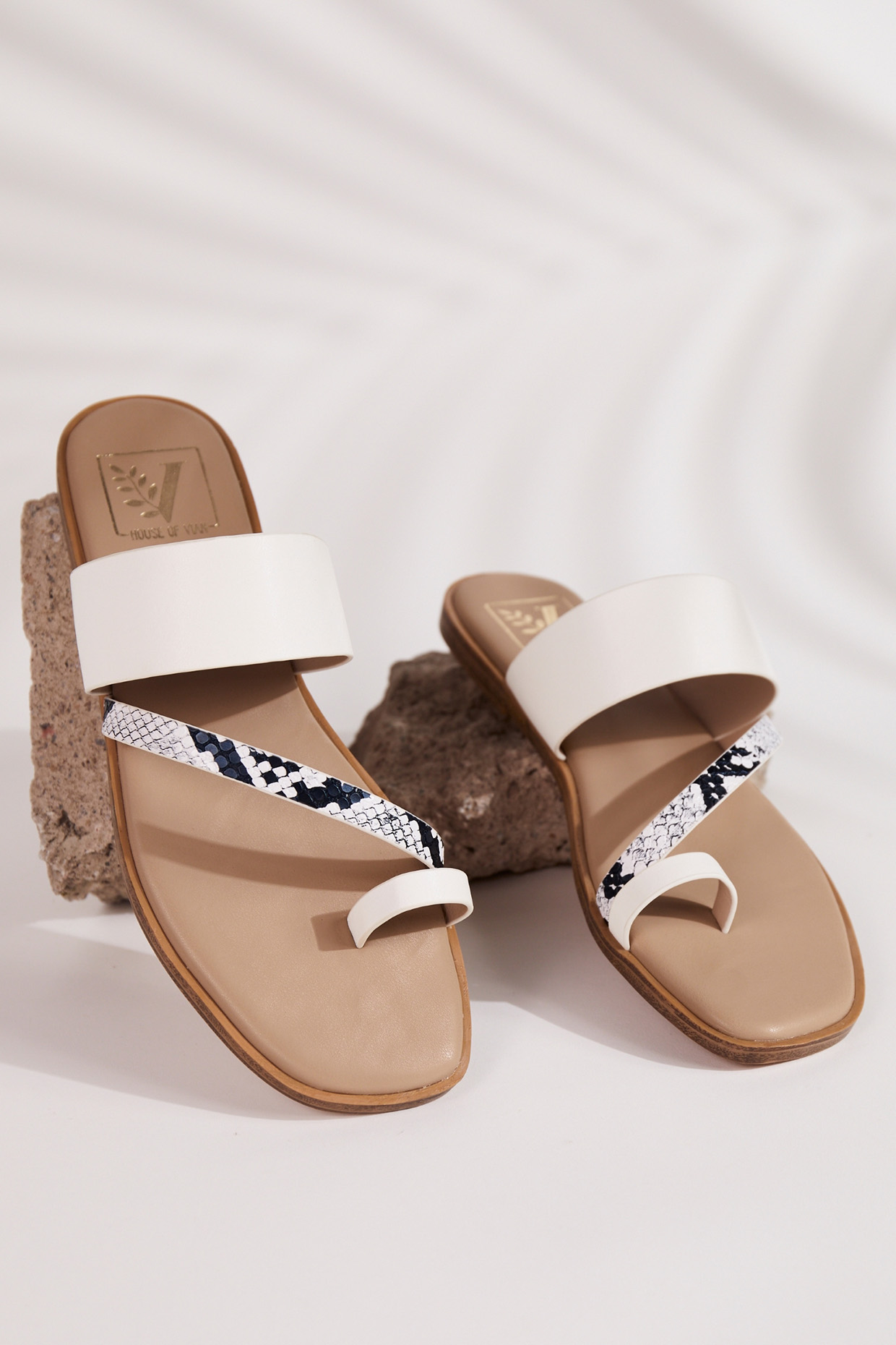 White Faux Leather Snake Printed Flats by House of Vian at Pernia's Pop Up Shop