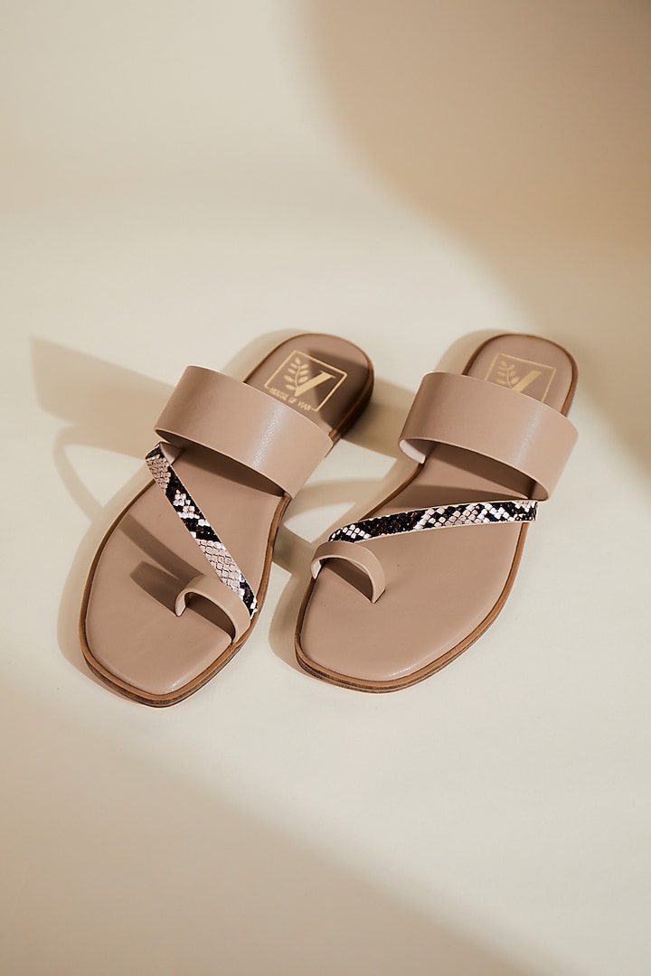 Beige Faux Leather Snake Printed Flats by House of Vian at Pernia's Pop Up Shop