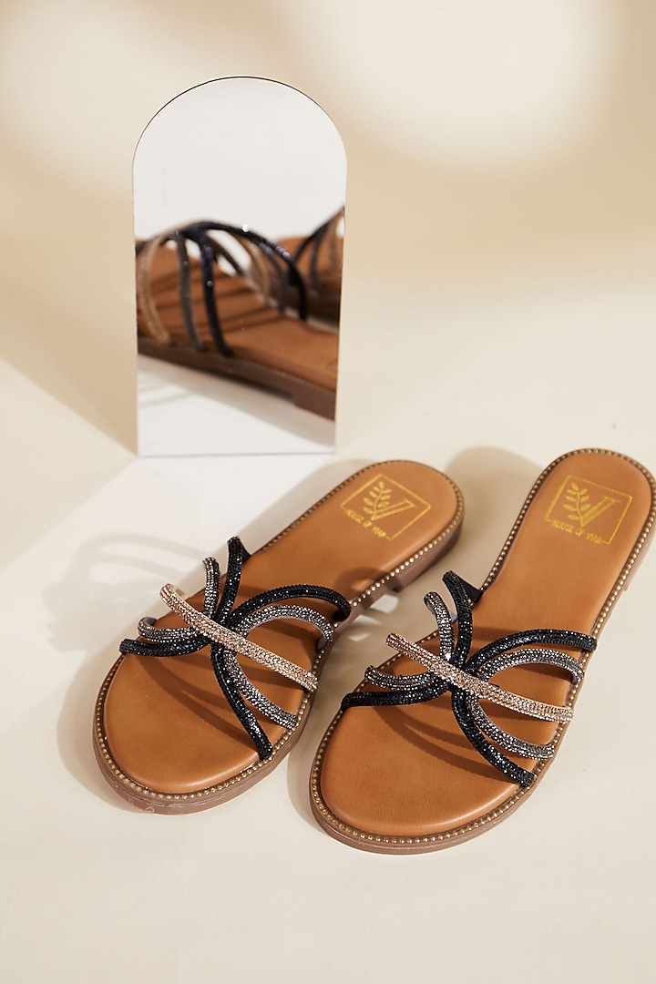 Brown Faux Leather Swarovski Strappy Flats by House of Vian at Pernia's Pop Up Shop