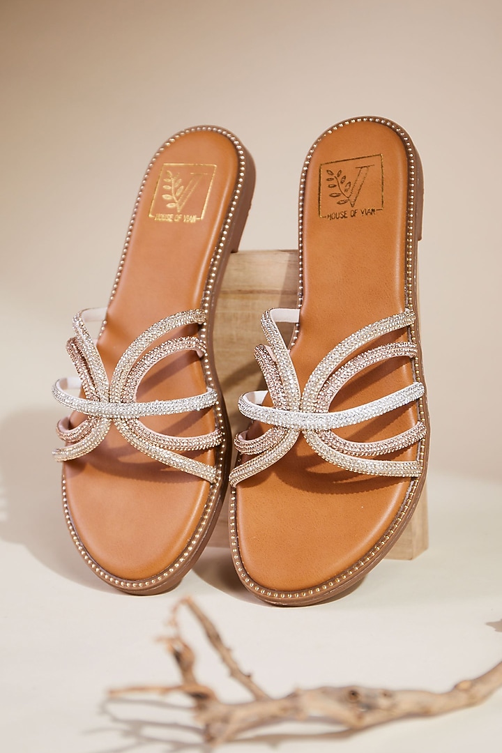 Gold Faux Leather Swarovski Strappy Flats by House of Vian at Pernia's Pop Up Shop