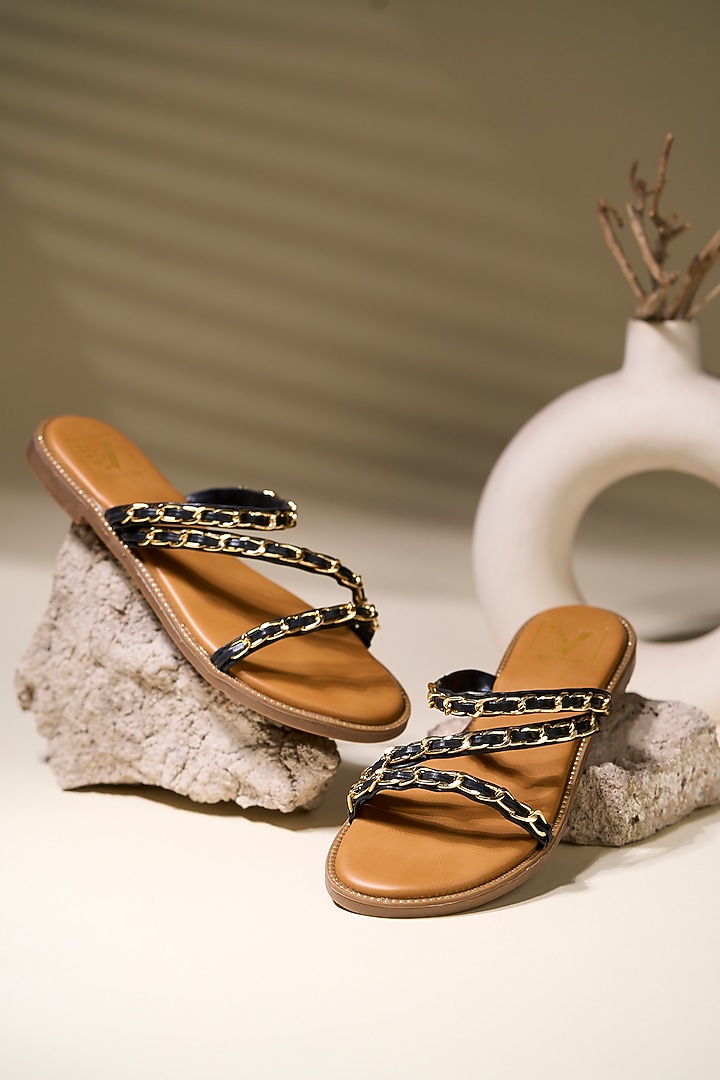 Brown Faux Leather Metal Chain Embellished Flats by House of Vian at Pernia's Pop Up Shop