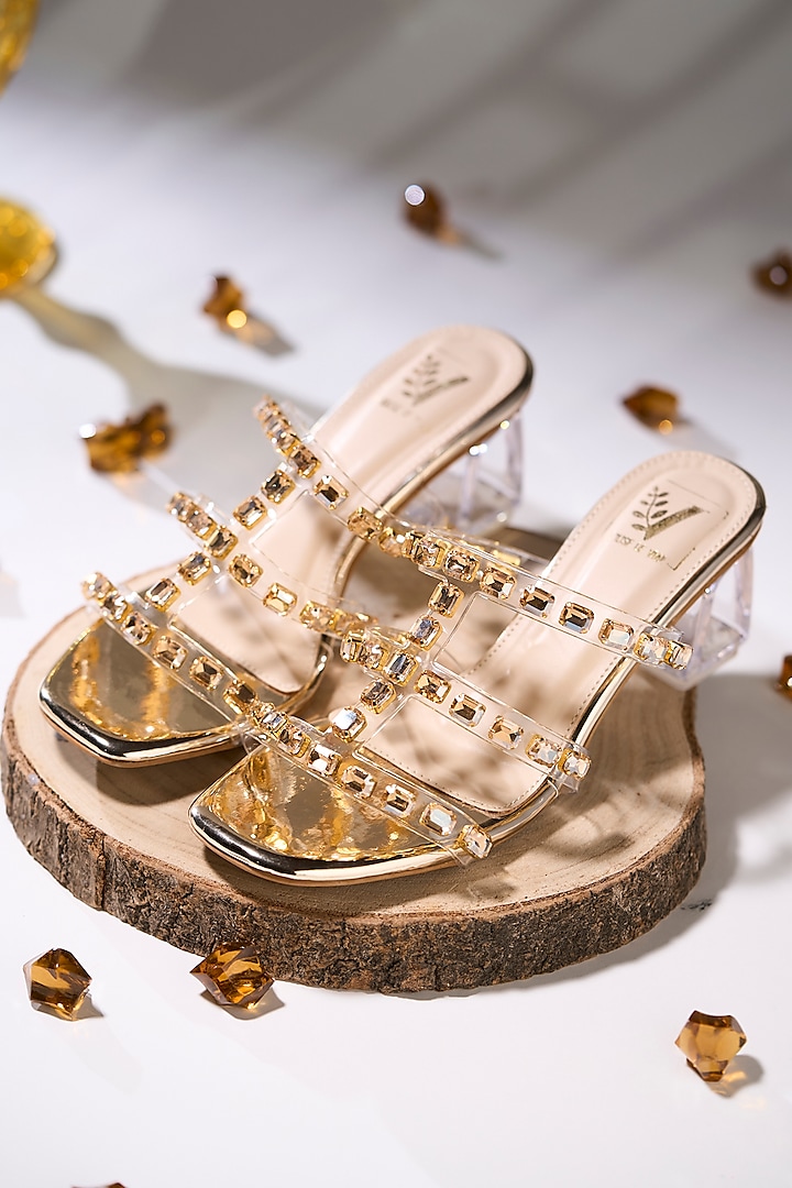 Gold Acrylic Stone Embellished Transparent Heels by House of Vian at Pernia's Pop Up Shop