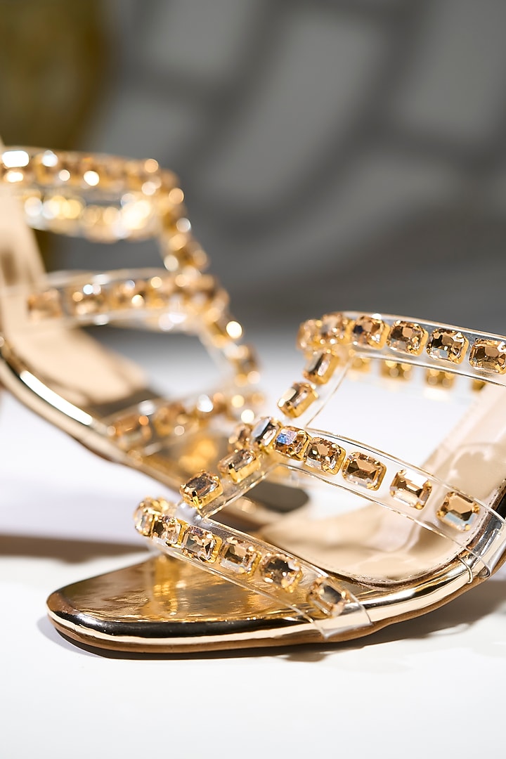 Gold Acrylic Stone Embellished Transparent Heels by House of Vian at Pernia's Pop Up Shop