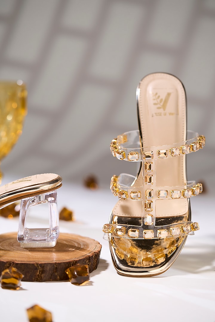 Gold Acrylic Stone Embellished Transparent Heels by House of Vian at Pernia's Pop Up Shop