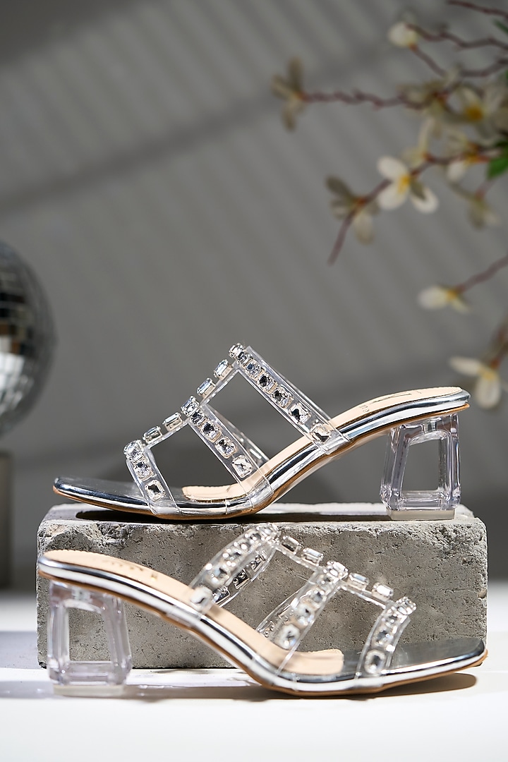 Silver Acrylic Stone Embellished Transparent Heels by House of Vian at Pernia's Pop Up Shop