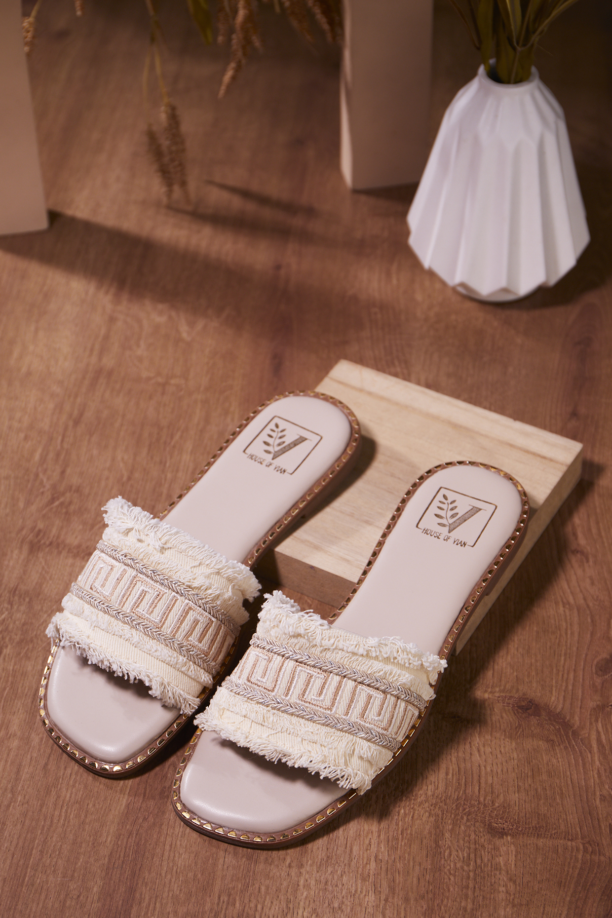 Beige Denim Flats by House of Vian at Pernia's Pop Up Shop