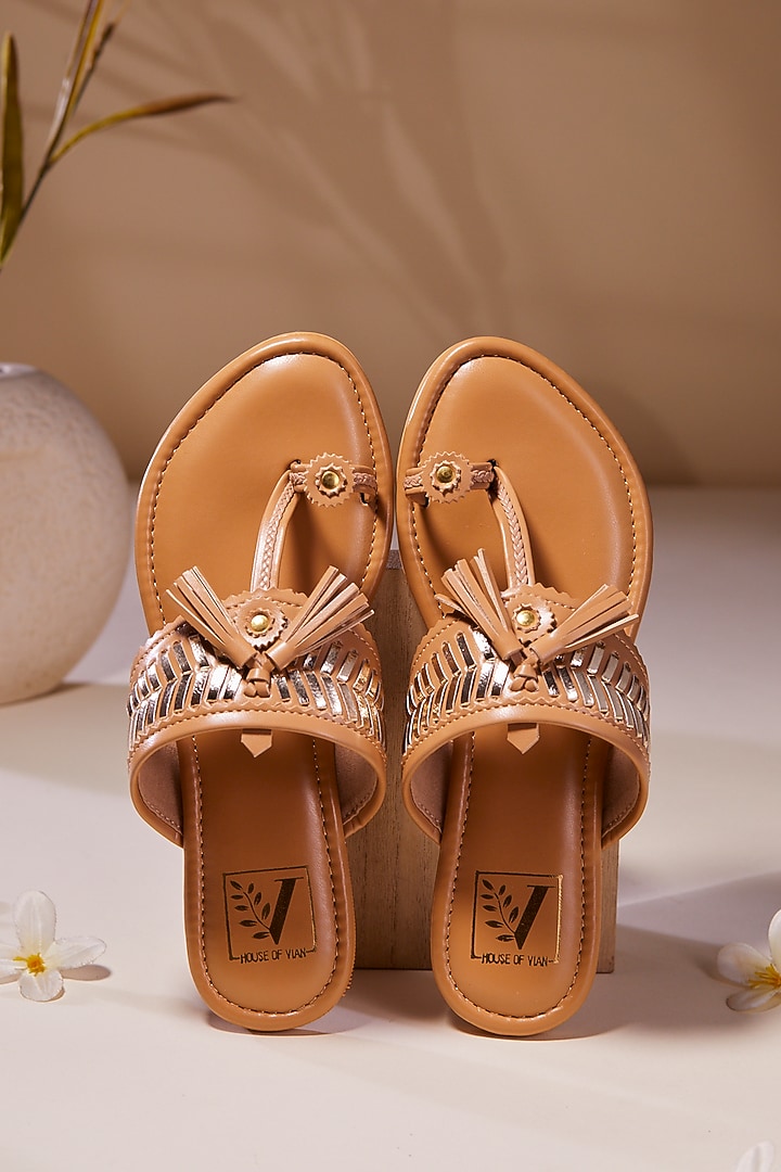 Brown Faux Leather Kolhapuri Flats by House of Vian at Pernia's Pop Up Shop