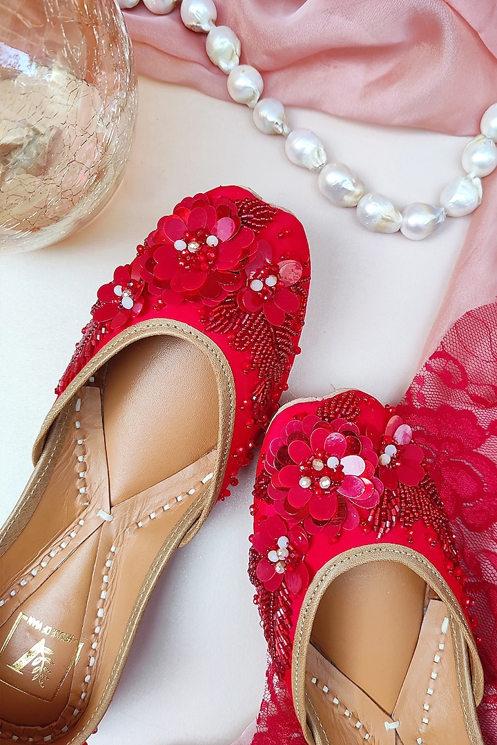 Cherry Red Embellished Juttis by House of Vian