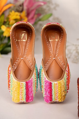 Multi-Colored Crepe Embroidered Juttis by House of Vian
