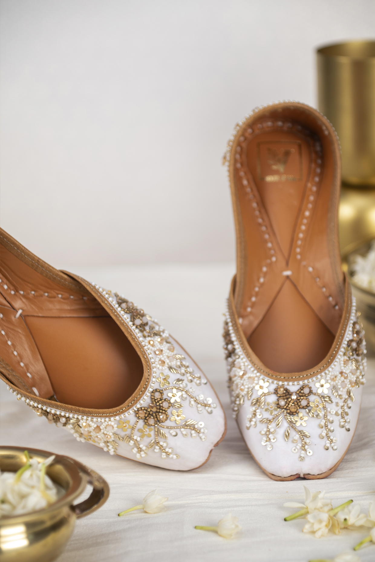 Cream Silk Crepe Embroidered Juttis by House of Vian at Pernia's Pop Up Shop