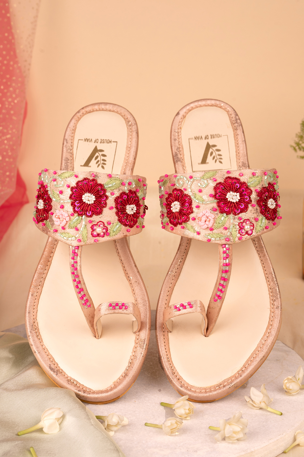 Pink Dupion Silk Embroidered Kolhapuris by House of Vian at Pernia's Pop Up Shop