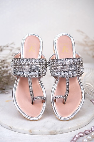 Silver Satin Sequin Embroidered Kolhapuris by House of Vian
