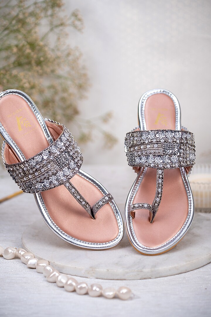 Silver Satin Sequin Embroidered Kolhapuris by House of Vian at Pernia's Pop Up Shop