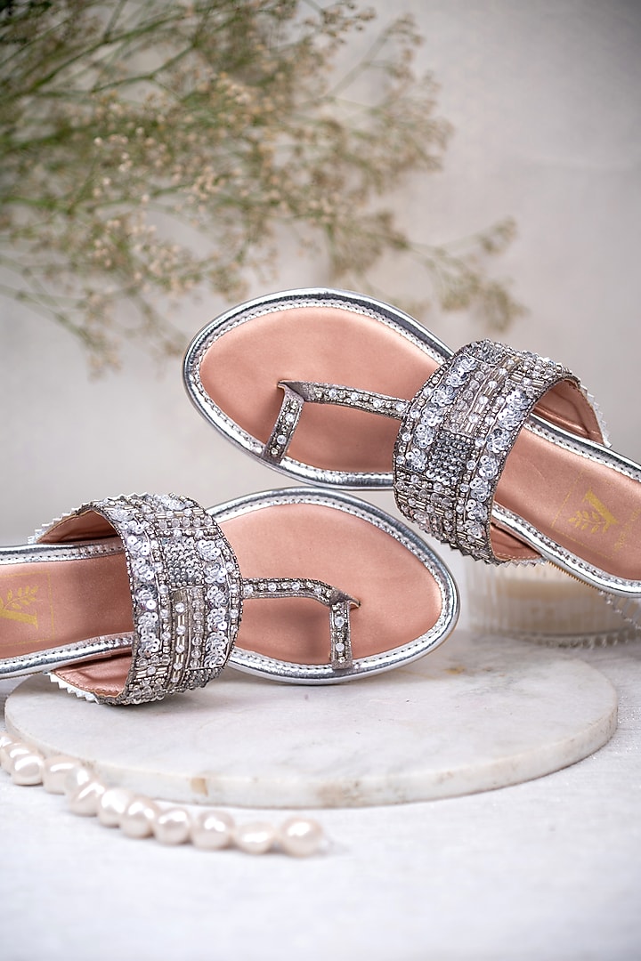 Silver Satin Sequin Embroidered Kolhapuris by House of Vian at Pernia's Pop Up Shop
