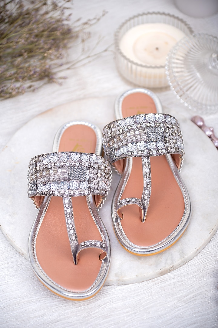 Silver Satin Sequin Embroidered Kolhapuris by House of Vian at Pernia's Pop Up Shop