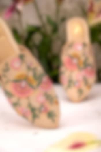 Beige Satin Embroidered Mules by House of Vian at Pernia's Pop Up Shop