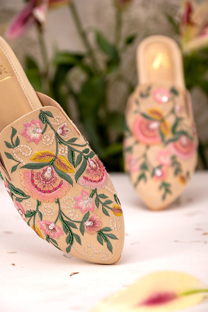 Beige Satin Embroidered Mules by House of Vian