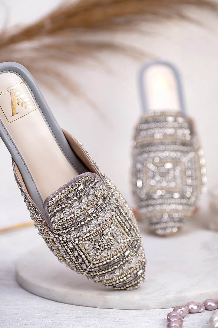 Silver Textured Crepe Embellished Mules by House of Vian