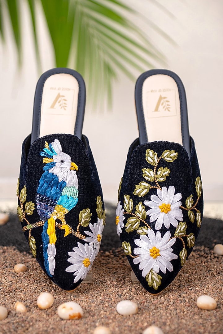 Blue Velvet Floral Embroidered Mules by House of Vian at Pernia's Pop Up Shop