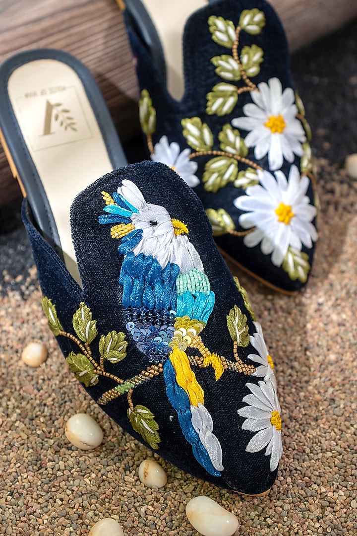 Blue Velvet Floral Embroidered Mules by House of Vian at Pernia's Pop Up Shop