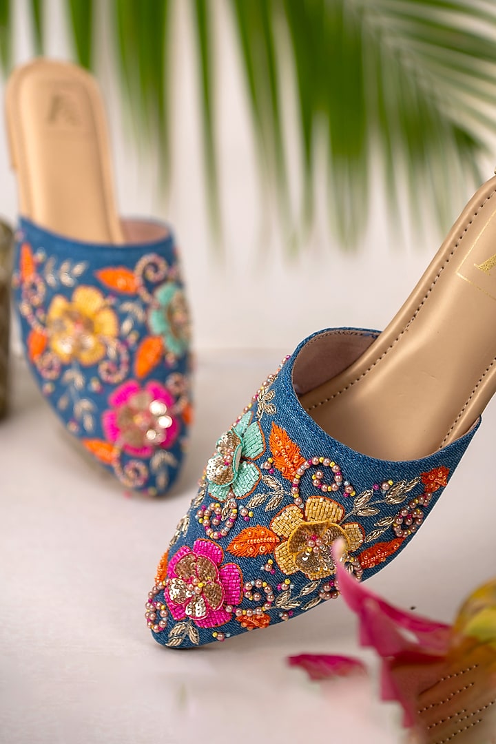 Blue Denim 3D Floral Embroidered Mules by House of Vian at Pernia's Pop Up Shop