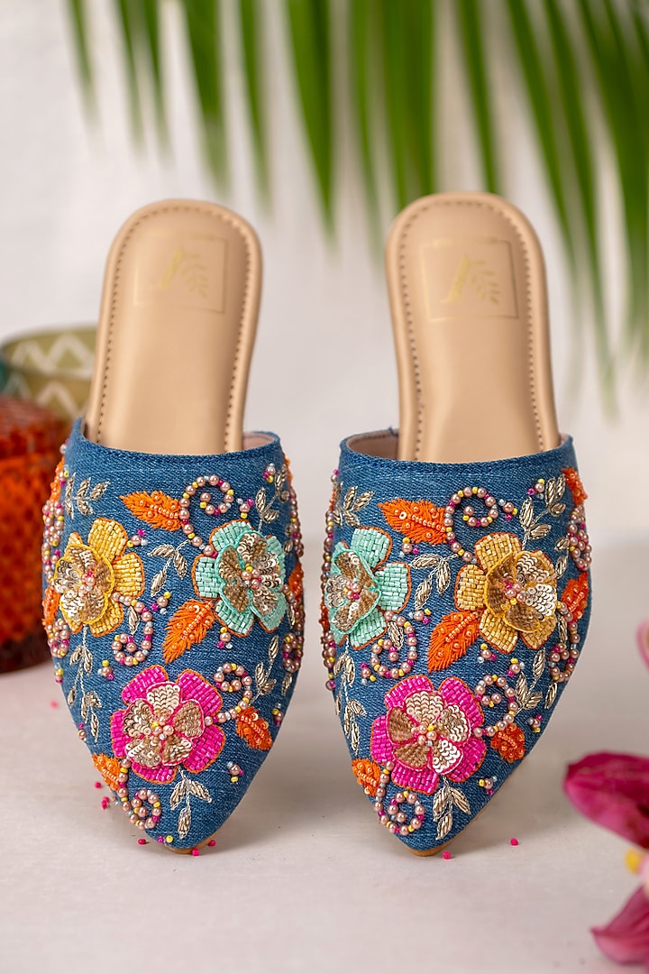 Blue Denim 3D Floral Embroidered Mules by House of Vian at Pernia's Pop Up Shop