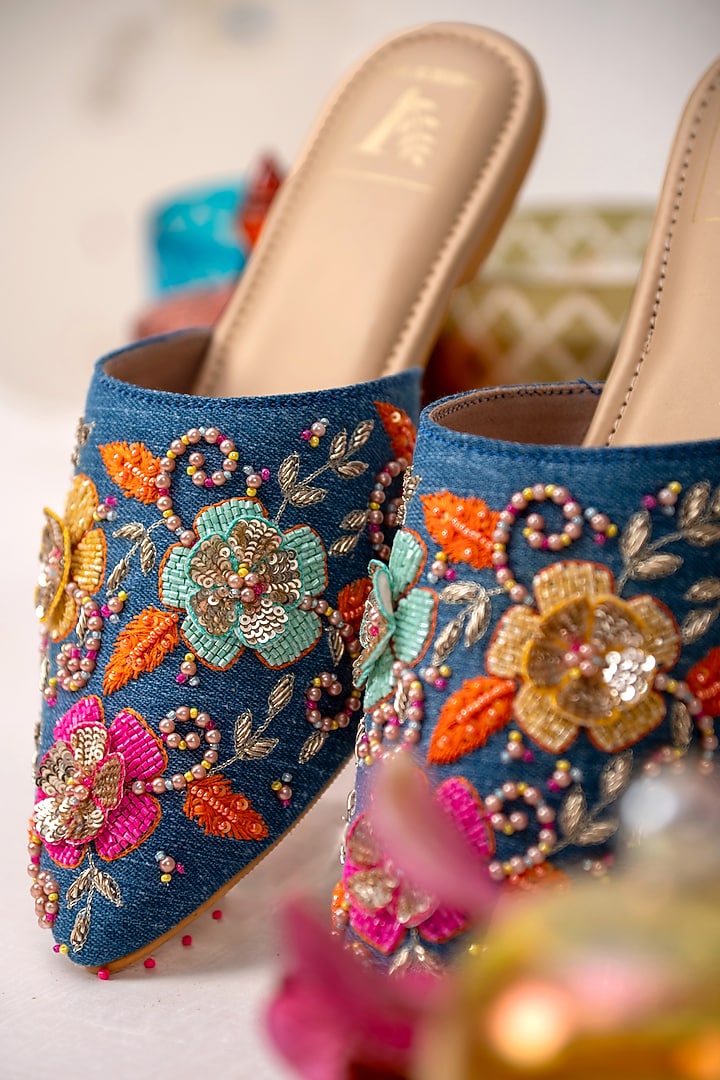 Blue Denim 3D Floral Embroidered Mules by House of Vian at Pernia's Pop Up Shop