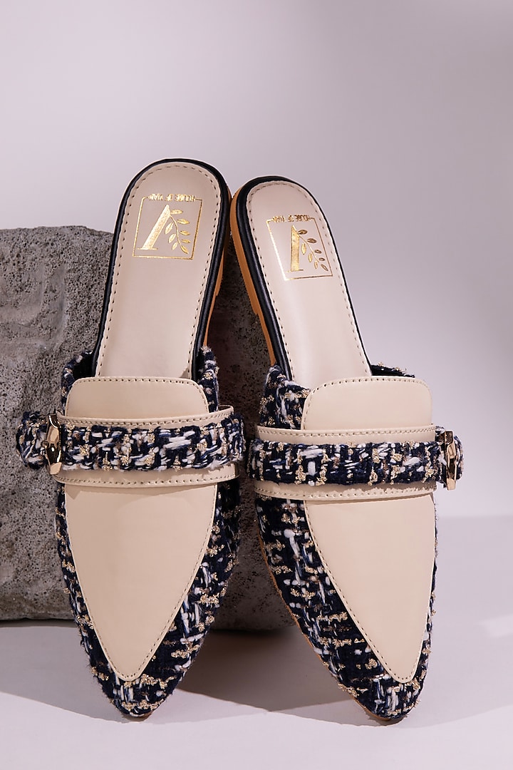 Blue Premium Tweed Handcrafted Mule Flats by House of Vian at Pernia's Pop Up Shop