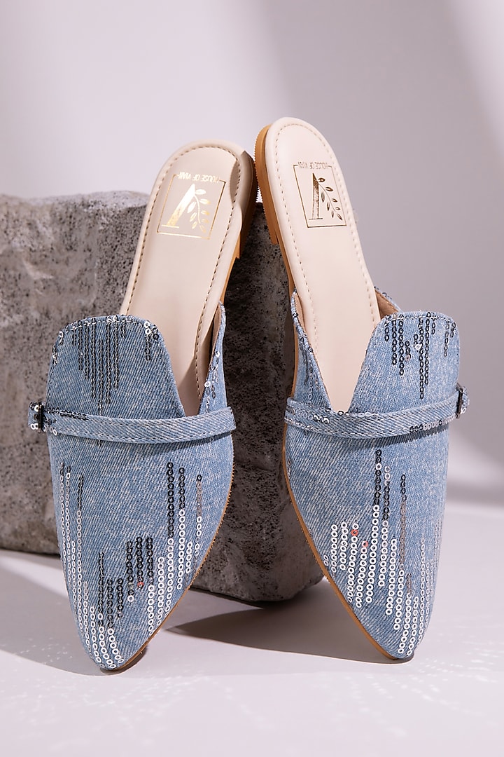 Blue Premium Denim Sequins Work Mule Flats by House of Vian at Pernia's Pop Up Shop