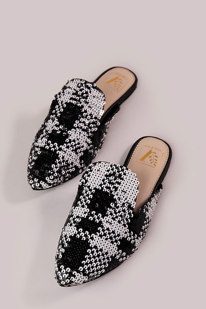 Black & White Premium Silk Dupion Sequins Embellished Checkered Mule Flats by House of Vian at Pernia's Pop Up Shop