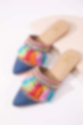 Multi-Colored Premium Denim Boho Embroidered Mule Flats by House of Vian at Pernia's Pop Up Shop