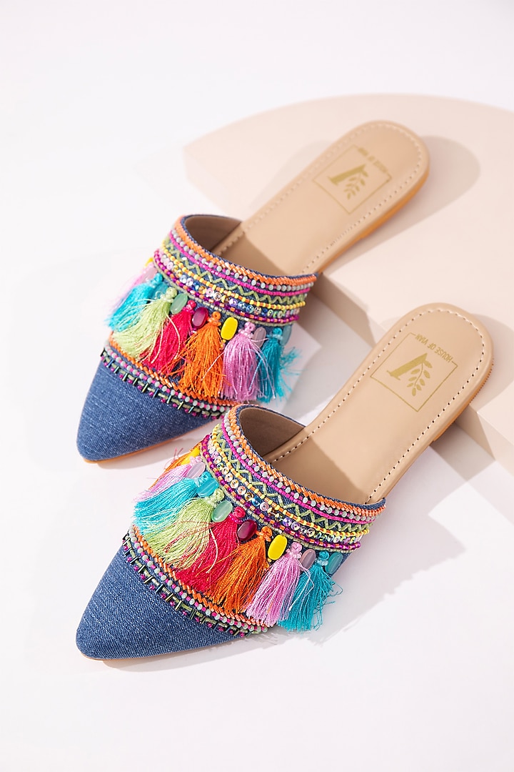 Multi-Colored Premium Denim Boho Embroidered Mule Flats by House of Vian at Pernia's Pop Up Shop