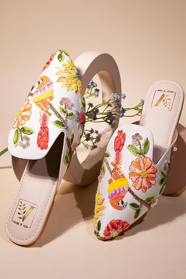 Multi-Colored Premium Silk Dupion Sequins Embroidered Mule Flats by House of Vian at Pernia's Pop Up Shop