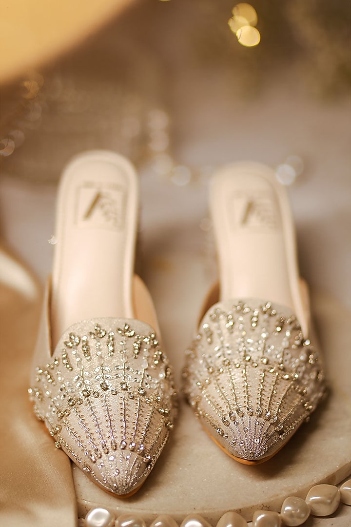 Gold Shimmer Banana Crepe & Faux Leather Mule Heels by House of Vian at Pernia's Pop Up Shop