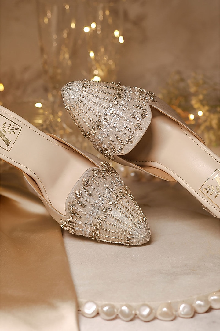 Gold Shimmer Banana Crepe & Faux Leather Mule Heels by House of Vian at Pernia's Pop Up Shop