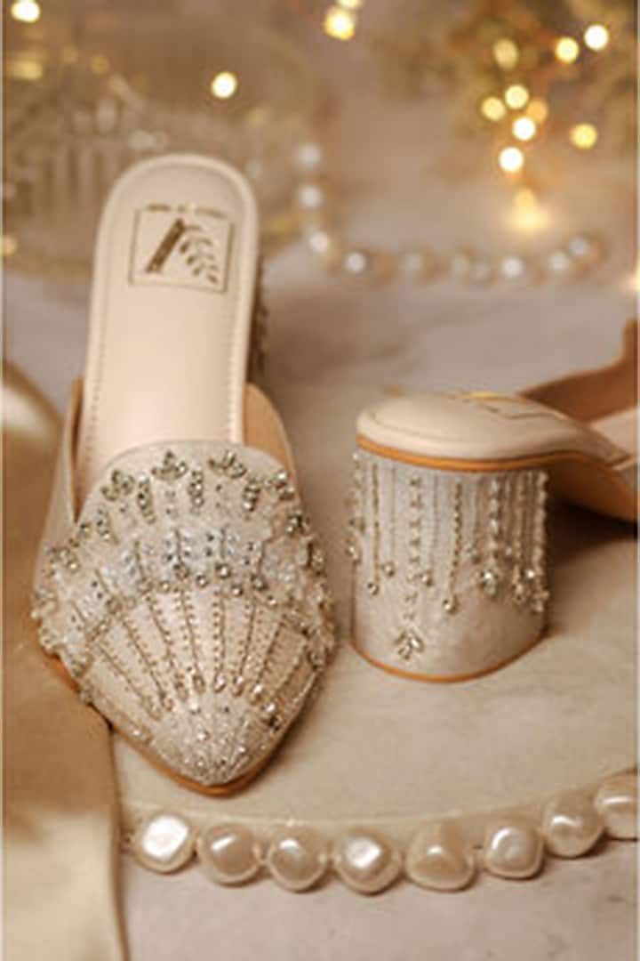 Gold Shimmer Banana Crepe & Faux Leather Mule Heels by House of Vian at Pernia's Pop Up Shop