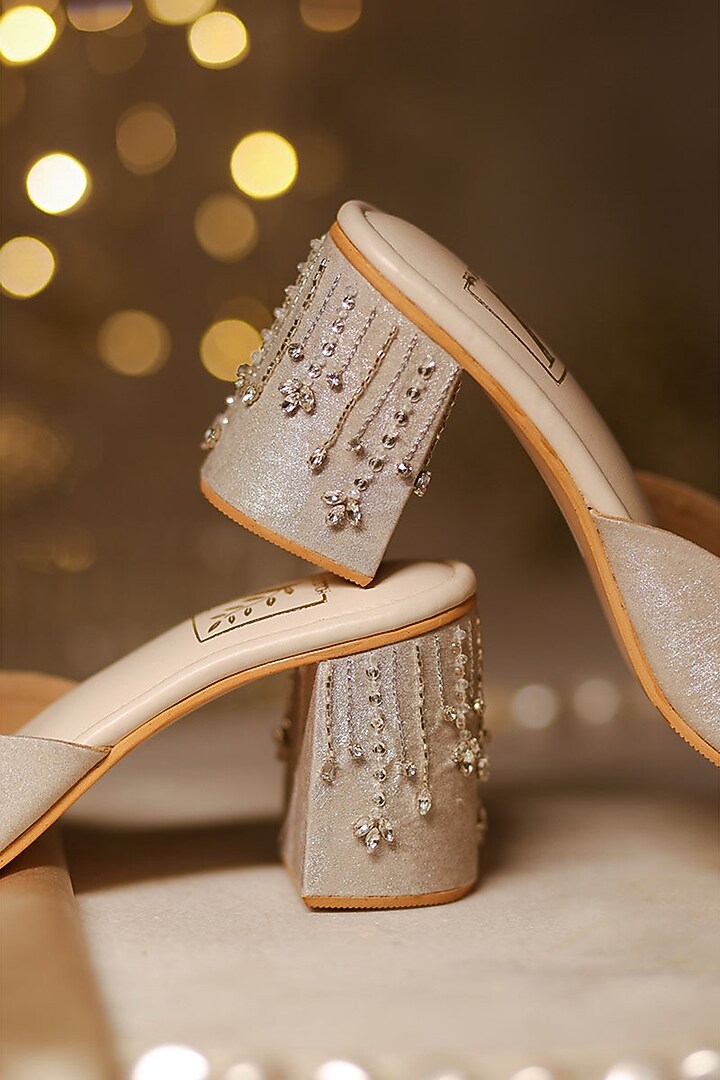 Gold Shimmer Banana Crepe & Faux Leather Mule Heels by House of Vian at Pernia's Pop Up Shop
