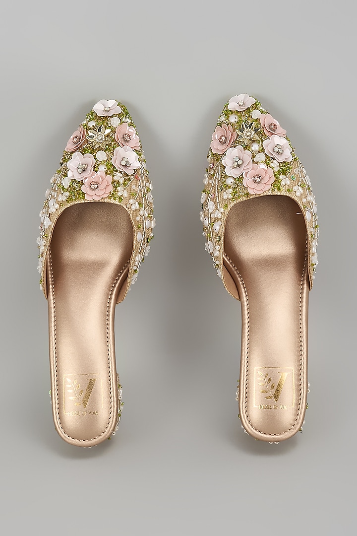 Golden Dupion Silk Floral Work Mule Heels by House of Vian at Pernia's Pop Up Shop