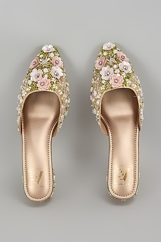 Golden Dupion Silk Floral Work Mule Heels by House of Vian