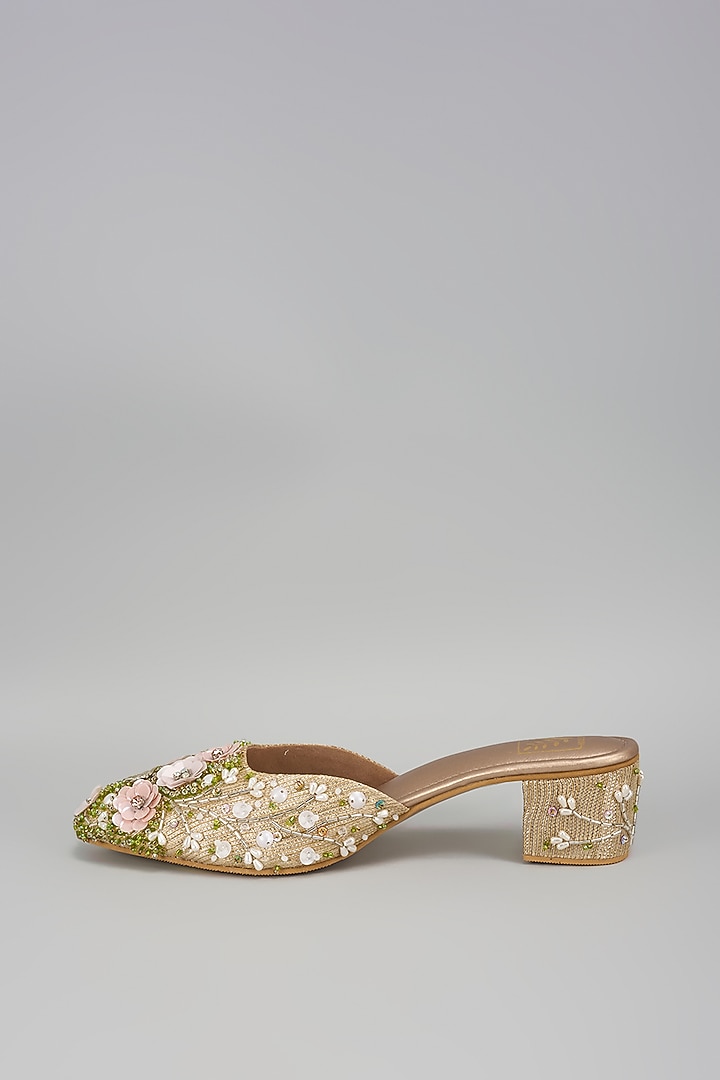 Golden Dupion Silk Floral Work Mule Heels by House of Vian at Pernia's Pop Up Shop
